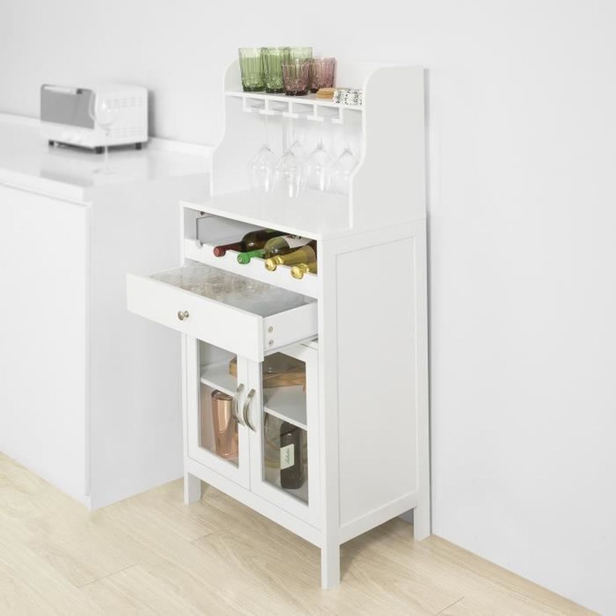 Vin blanc armoire meuble de rangement salon 4 étagères 24 Stockage Bouteilles Verre Plateau