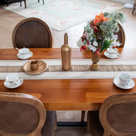 Chemin de table en macramé - Style bohème - Avec pompons - En coton et  toile de jute tissé à la main