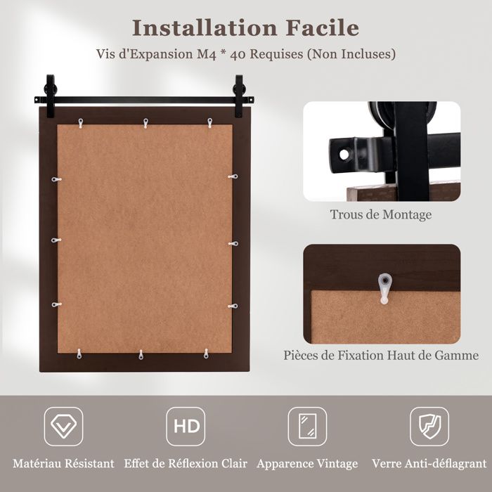 Grand Miroir Mural Rectangulaire 100x66 Cm - Cadre Bois Massif Style Grange Rustique Marron
