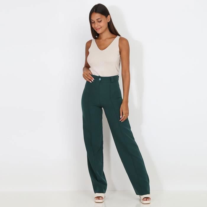 Pantalon evase a taille haute vert fonce LA MODEUSE Flare Femme