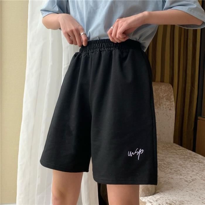 Famulily Short d'été décontracté à jambes larges pour femme - En coton - Taille élastique - Avec poches
