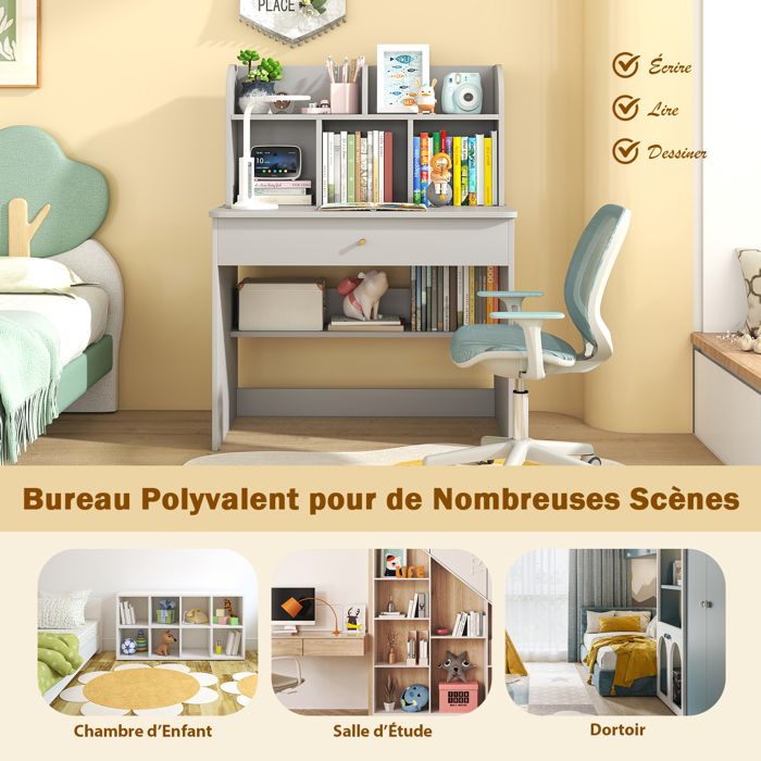 Bureau Enfant Avec Chaise, Étagères & Armoire – 109.5x48x100.5 Cm – Idéal Pour Étude, Dessin & Jeu (Naturel, Blanc, Rose)