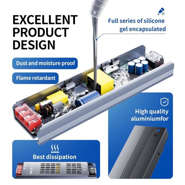 DUSKTEC Transformateur 220 V à 24 V, alimentation LED 15 W plat, pilote AC-DC 24 V IP44