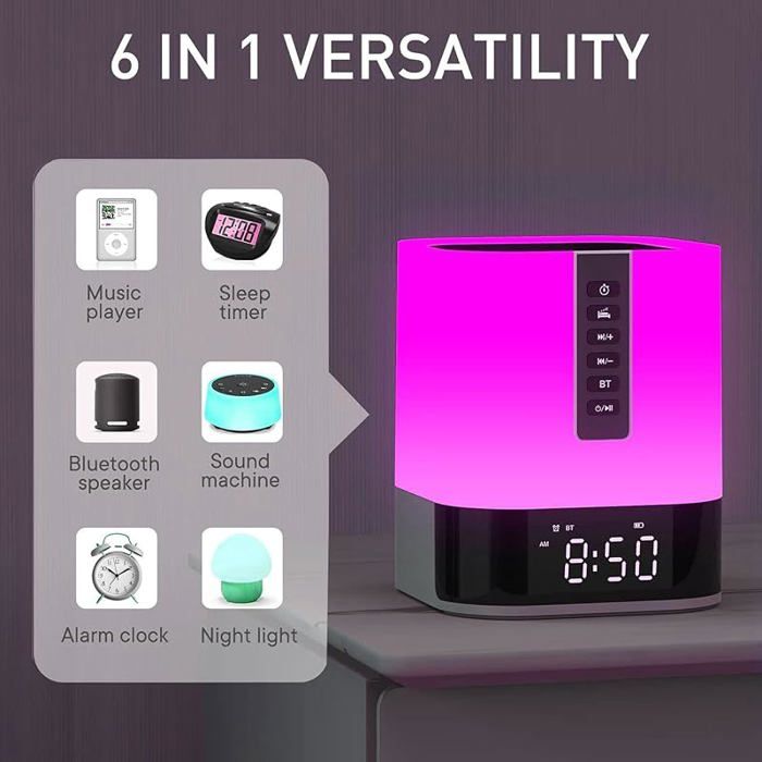 Réveil Funky Vibes Avec Enceinte Bluetooth Et Chargeur Induction – Orange/violet, 9,5x6,5x11,5 Cm