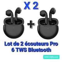 LOT DE 2 - Ecouteur Pro 6 Bluetooth Tws Étanche Hi-Fi Stéréo Sans Fil Sports Iphone Samsung Xiaomi... couleur NOIR x 2