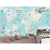 Carte du monde avec animaux - Papier peint mural pour enfants - Planes et ballons - Océan - 350 x 256 cm - Décoration murale