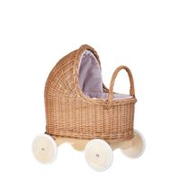 Landau-poussette en osier naturel pour poupée avec roues en bois et tissu rose - Pour poupées jusqu'à 45 cm