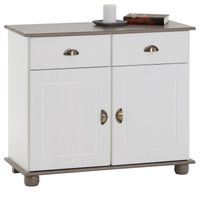 Buffet COLMAR commode bahut vaisselier meuble bas rangement avec 2 tiroirs et 2 portes, en pin massif lasuré blanc et taupe