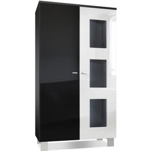 Vitrine Armoire Denjo Corps en Blanc Mat//Façades en Blanc Haute Brillance et Noir Haute Brillance