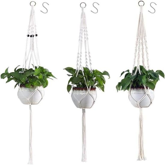 8 Suspensions Macramé Plantes - Avec Crochets Métalliques - Longueur 90/105cm - Coton/lin