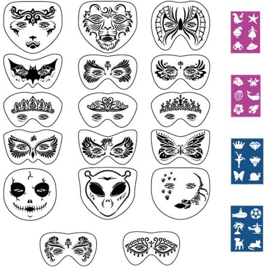 Maquillage Carnaval Halloween Kit Maquillage Professionnel Enfants 14 Couleurs - Pochoirs Paillettes Pinceaux - Carnaval Halloween Fêtes Peinture Visage