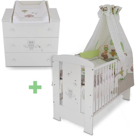 BB Berceau bébé lit bébé cododo 120 x 60 cm hibou vert + Set de lit + Commode à langer bébé 3 tiroirs Matériel de haute qualité