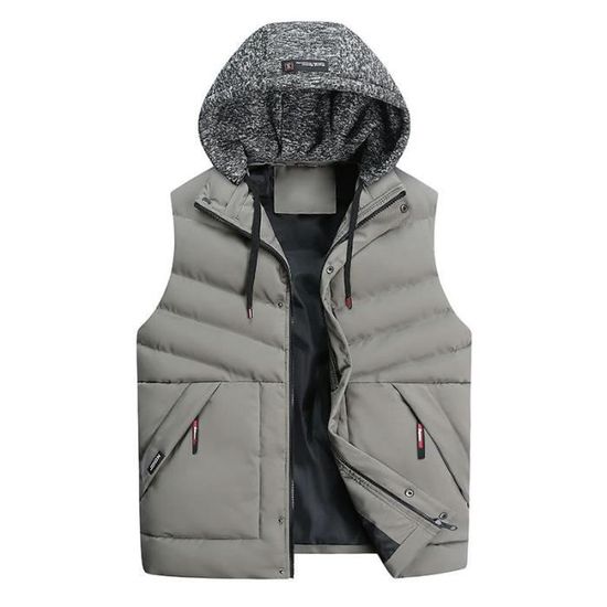 Doudoune Homme sans Manche A Capuche Grande Taille Casual Gris