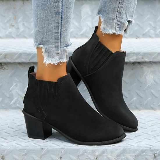 Bottine Femme Similicuir Boots Femme Mode Talon Carre Bottes Femme Bout Rond Noir Noir Cdiscount Chaussures