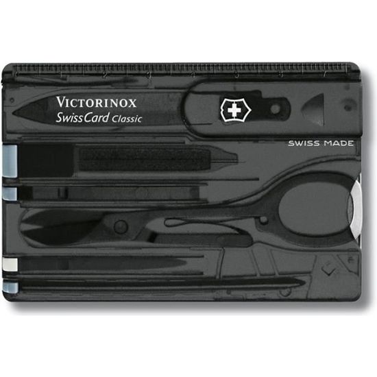 Couteau de poche Victorinox Carte suisse classique noire transparente 0.7133.T3B1 avec 10 fonctions dont ciseaux et stylo à bille