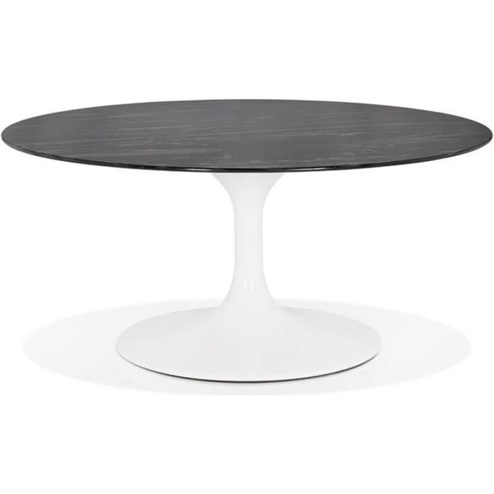 Table basse de salon ronde 'GOST MINI' en verre noir effet marbre et pied central blanc