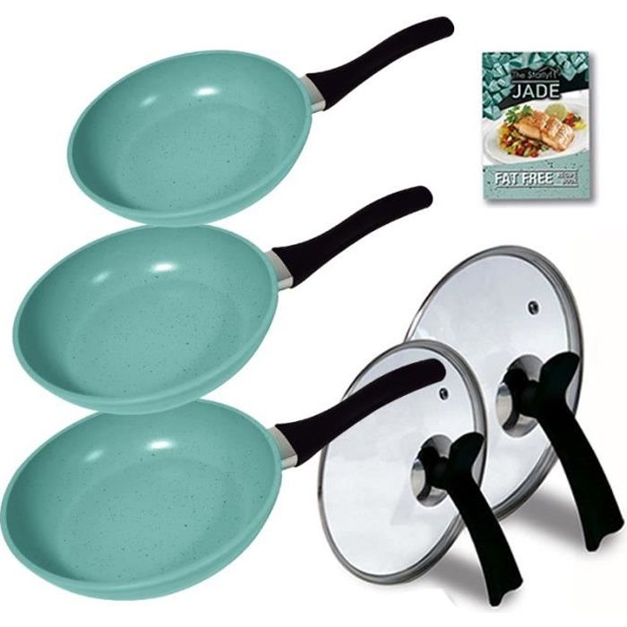 Starlyf Jade Deluxe – Lot de 3 Poêles 20/24/28 cm avec Revêtement Antiadhésif en poudre de Jade et 2 Couvercles 24/28 cm en verre