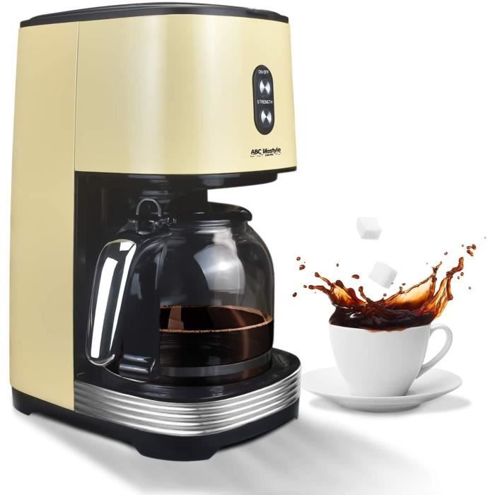 Cafetière à filtre rétro avec filtre permanent, jusqu'à 12 tasses, Cafetière rétro avec verre de 1,5 l, plaque de maintien au chaud