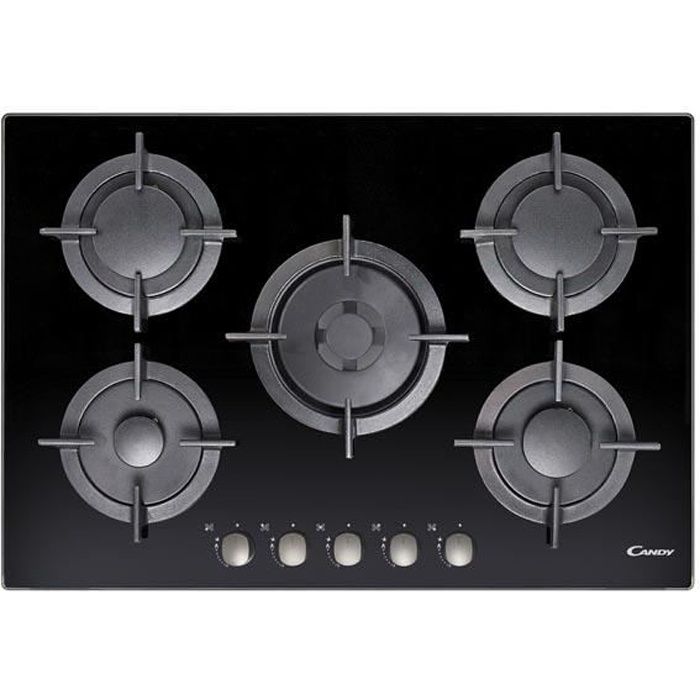 Candy CVG75SWGNX, Intégré, Cuisinière à gaz, Verre trempé, Noir, 1000 W, Rond