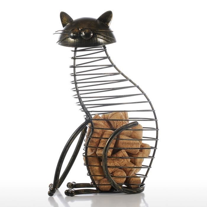 Tooarts Chat Vin Conteneur de Liège Sculpture en Fer Sculptures en Métal d'animaux Maison Décoration Artisanat Intérieur