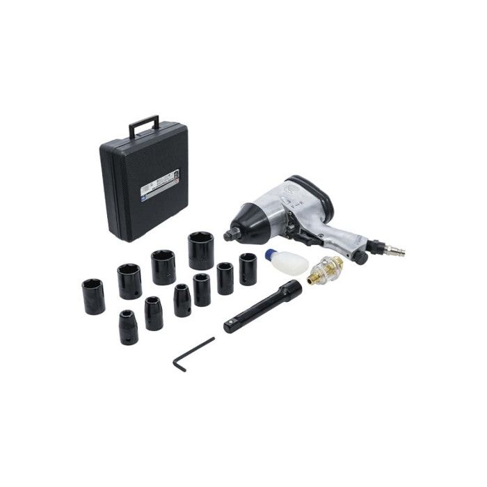 Clé à choc pneumatique 312 Nm + douilles et accessoires - 16 pièces - En coffret