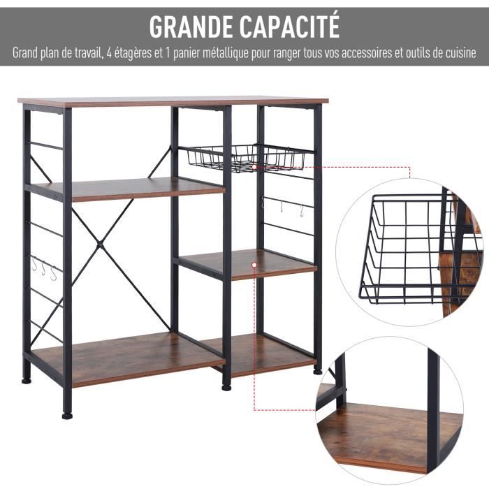 Desserte de Cuisine style industriel multi-rangements dim. 90L x 38l x 88H cm pieds ajustable métal MDF noir bois