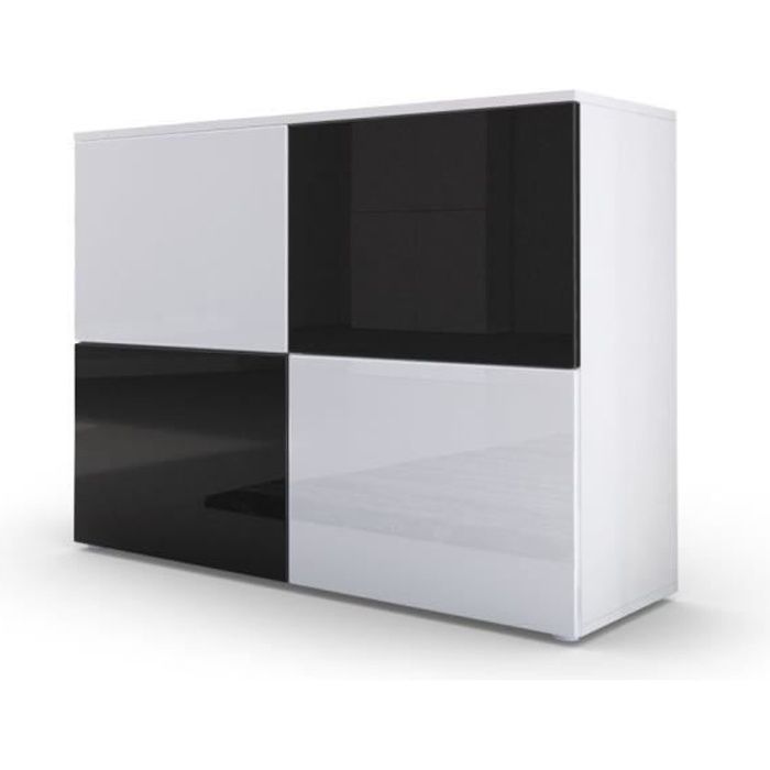Commode moderne façades bicolores blanches et noirs laquées et corps mat blanc