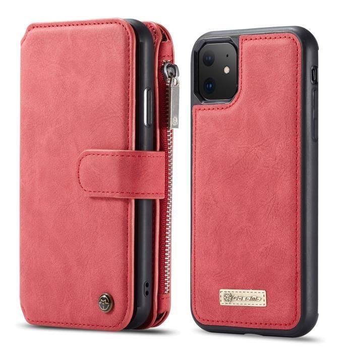 Coque iPhone 11 Bumper Portefeuille avec Fente pour Carte, Housse de Protection avec Bouton-pression -SMARTLEGEND- Rouge