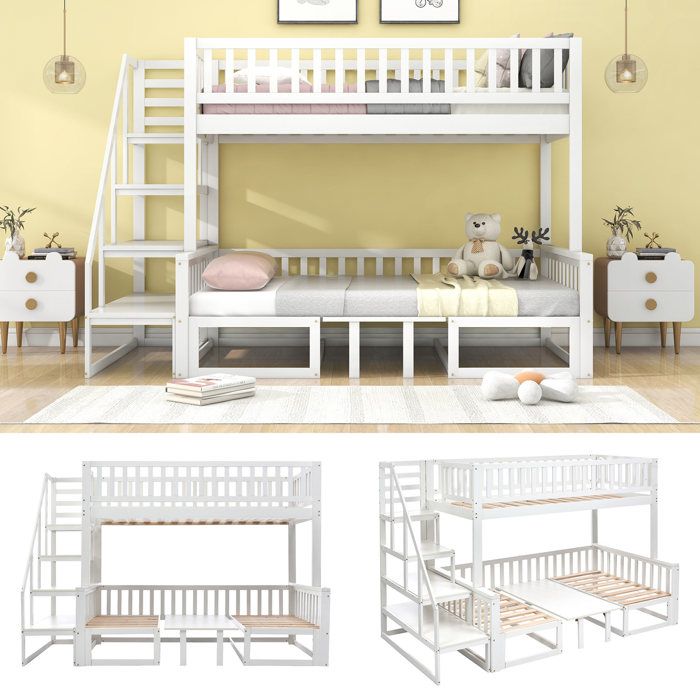 lit mezzanine - 90*200+120*200cm - escalier et table réglable - structure en pin - antichute - lit superposé enfant - blanc