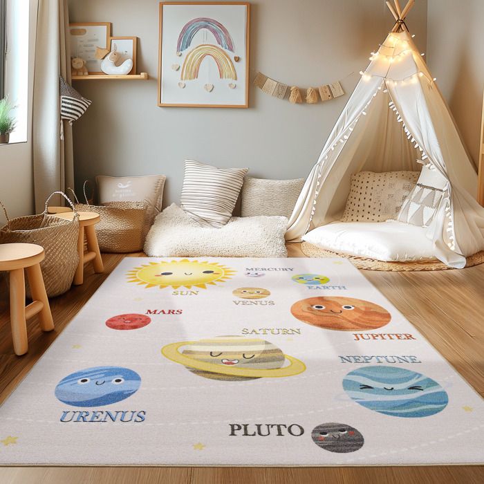 Tapis Chambre Enfant Arc-en-ciel - 120x170 Cm, Motifs Pois Cœurs Nuages, Résistant - 6