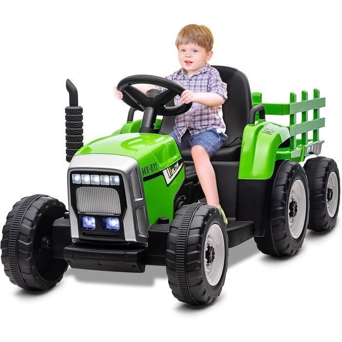 Tracteur Électrique Enfants Avec Remorque Amovible, 12V Voiture Électrique 6 Pneus Avec Telecommande Musique Double Moteurs Phares Led Pour Enfants 3 Ans Vert 89884978