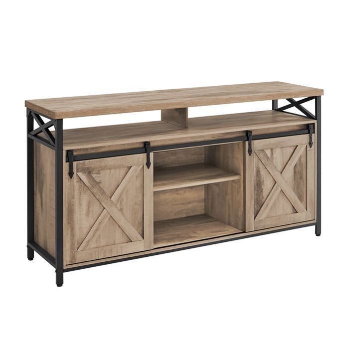 Meuble TV pour Téléviseur Jusqu’à 65 Pouces avec Étagères Réglables Portes Imitation Grange Cadre en Métal Marron Camel et Noir