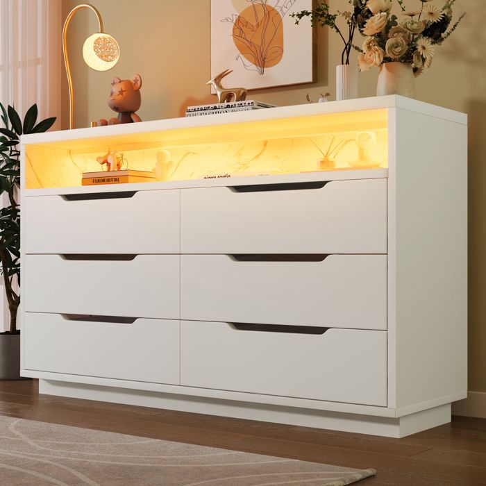 Cuisinière Commode avec éclairage LED et 6 tiroirs Coin rangé avec grain de marbre Armoire moderne pour salon et chambre à couc