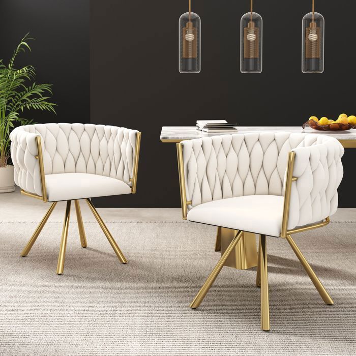 Merax Lot de 2 Chaise de Salle à Manger Pivotante - Fauteuil de Repas en Velours - Pieds Métal Doré - Beige