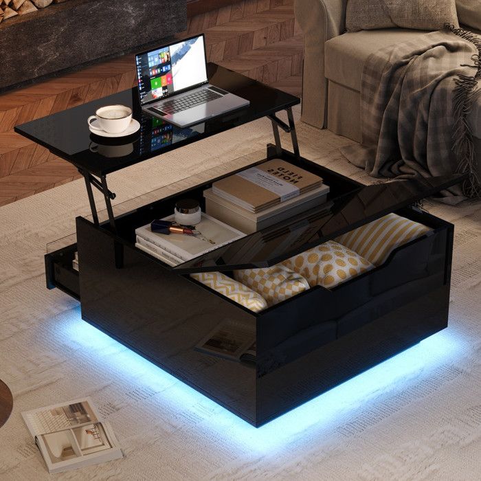 Table basse carré LED Hauteur Réglable Porte Pliante Rangement Caché 1 Tiroir Style Moderne Meuble Salon 70x70x38 cm Noir Brillant