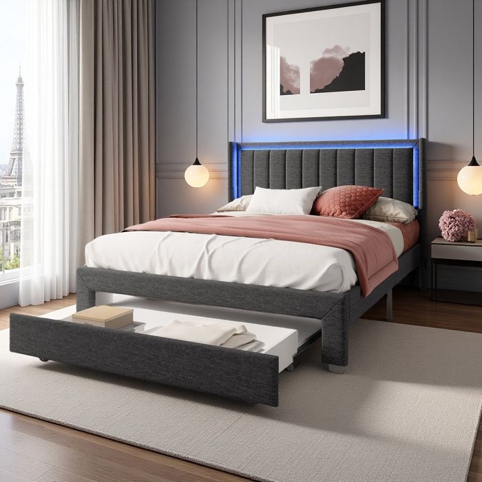 Lit tiroir - Tissu en Lin Gris Moderne - 140x200 - Bande lumineuse RGB + ports USB - Sommier bois