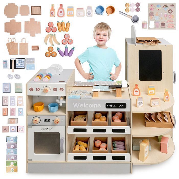 Jouet de marchande - MAMABRUM - Grand Marché en Bois - 106 Accessoires - Machine à Café - Réfrigérateur