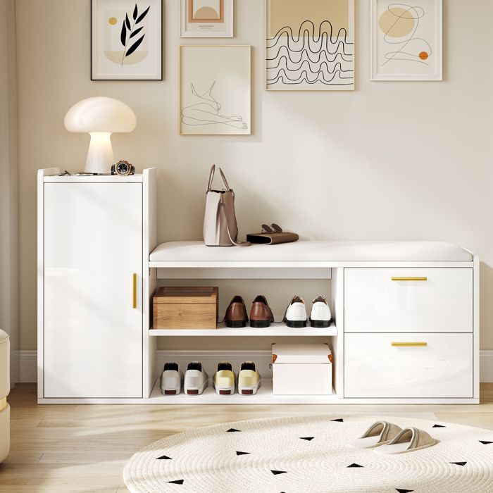 Meuble à Chaussures Blanc 128 cm avec Banc 2 Tiroirs 1 Placard et Étagères Design Moderne pour Entrée Couloir Meuble à Chaussures Blanc 128 cm avec Banc 2 Tiroirs 1 Placard et Étagères Design Moderne pour Entrée Couloir