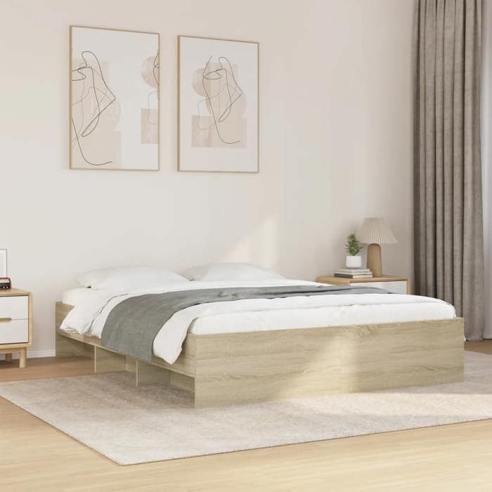 Cadre de lit chêne sonoma - UU - 160x200 cm - Bois dingénierie - Sommier à lattes - Compartiments de rangement