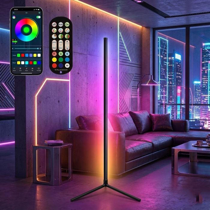 Lampadaire sur Pied LED dAngle RGB 125cm- Hauteur Réglable & Sync Musique App/Télécommande Timer Détachable pour les coins