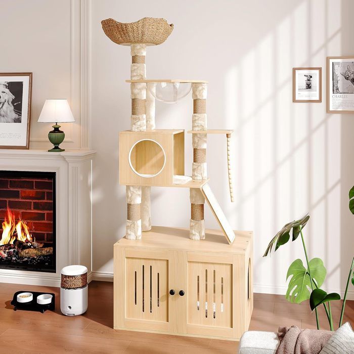 Meilleurs prix pour Arbre à chat tour à chat de 170 cm avec bac à litière grand niche avec station alimentaire rangement griffoirs hamac
