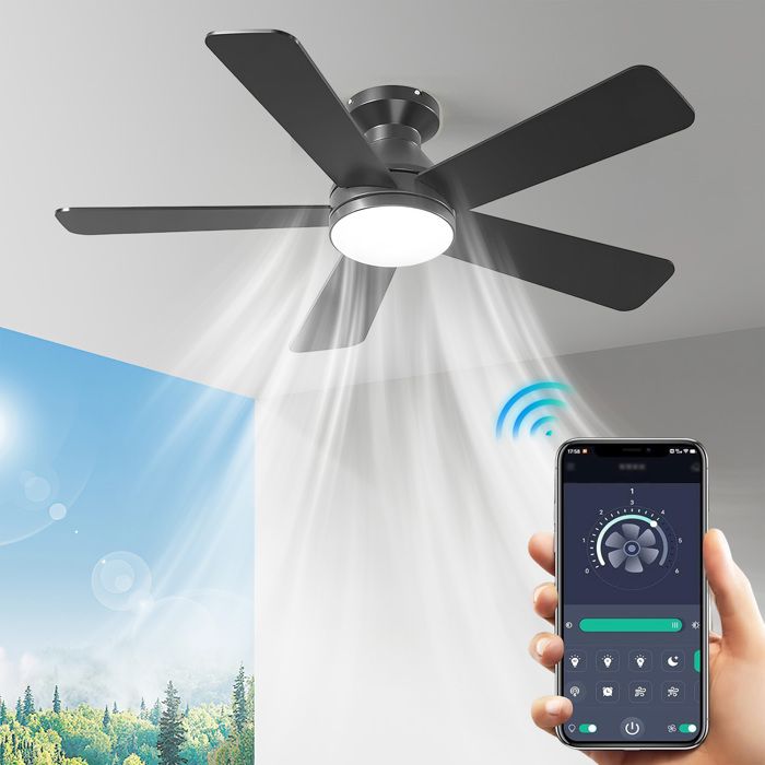 Plafonnier LED avec Ventilateur de Plafond Silencieux et Télécommande 131 cm avec 5 pales LED 6 Vitesses 36W Réversibles Moteur - Pimpimsky