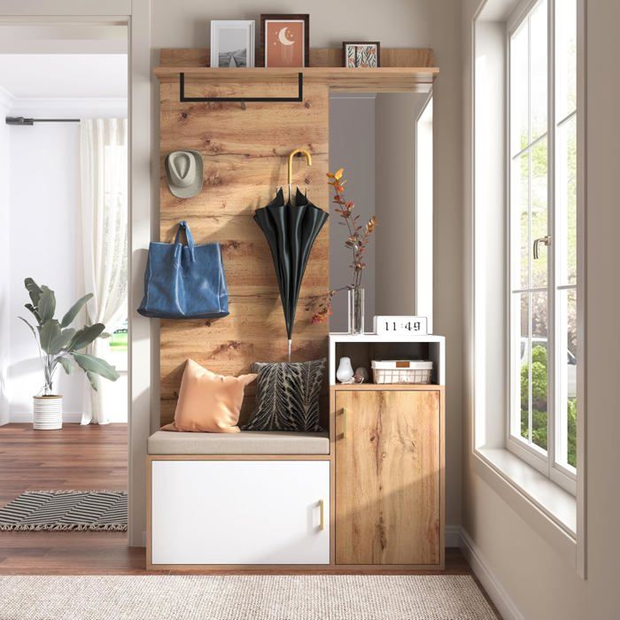 Vestiaire dentrée Porte-Manteau Mural avec Miroir Meuble à Chaussures Banc et Patère Ensemble de Garde-Robe Blanc et Bois