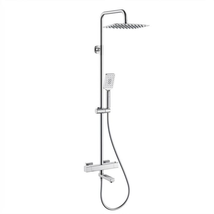 Mitigeur de douche thermostatique-Carré–Sortie sup/inf + Bec baignoire–Douche pluie 300x200mm plastique–Douchette 5F