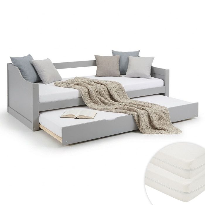 Lit en Bois 90x200 cm Gris Extensible Lit Cabane avec Matelas Chambre Enfant Adolescent Invité Lit en Bois 90x200 cm Gris Extensible Lit Cabane avec Matelas Chambre Enfant Adolescent Invité