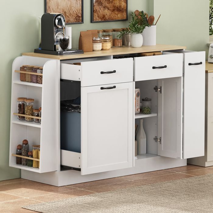 meuble buffet rangement cuisine avec étagères ouvertes compartiment pour poubelle plan de travail MDF blanc EVRYAE