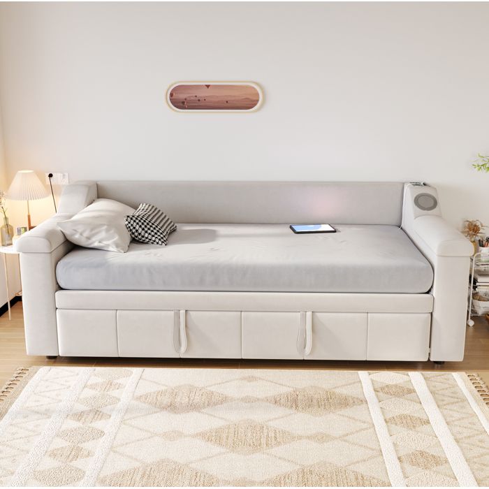 Lit Banquette 90 × 190 et 180 × 190 cm avec Bluetooth USB et Rangements sans Matelas Velours Beige - UVRION