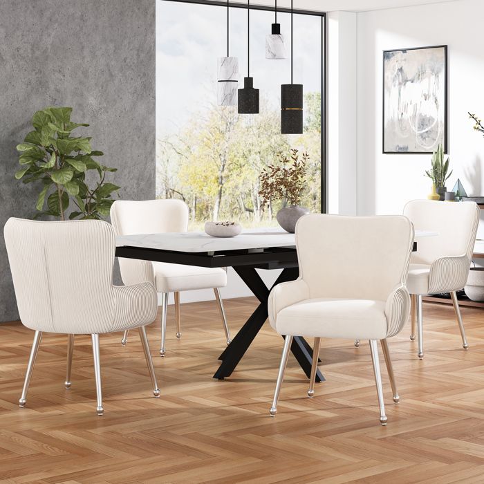 Lot de 4 chaises avec accoudoirs et soutien lombaire pieds métal réglables velours beige usage quotidien
