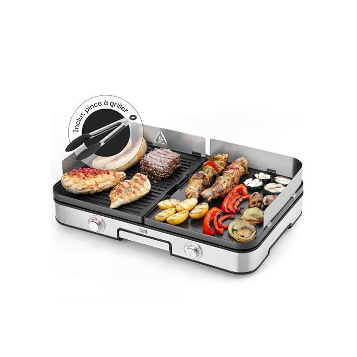Plancha électrique - Avec pince à barbecue et Protection contre les éclaboussures I Pour intérieur et exterieur I Plancha