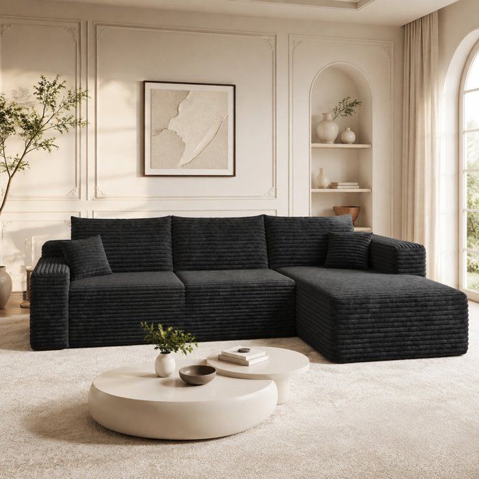 Canapé d’angle modulable réversible 3 places en tissu corduroy noir 241 cm livré monté